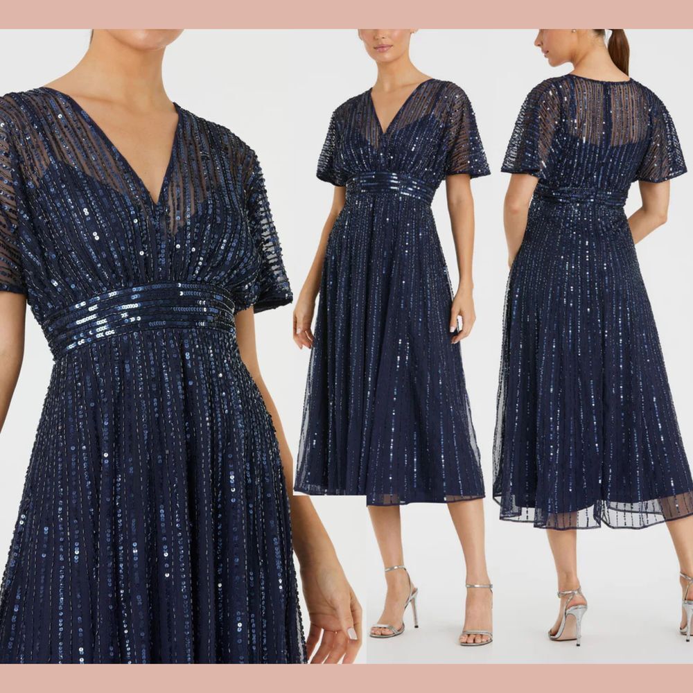 NWT MAC DUGGAL‎ [ 10 ] 14007 A Line Embellished Short Sleeve Dress in Blue